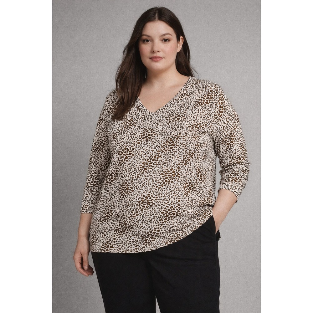 Lands'‎ End Women's Leopard Print V-Neck Long Sleeve Top 1X Brown Cream 90s